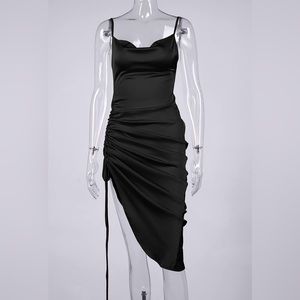 Satin Spaghetti Straps Cowl Neck Ruch Midi Dress